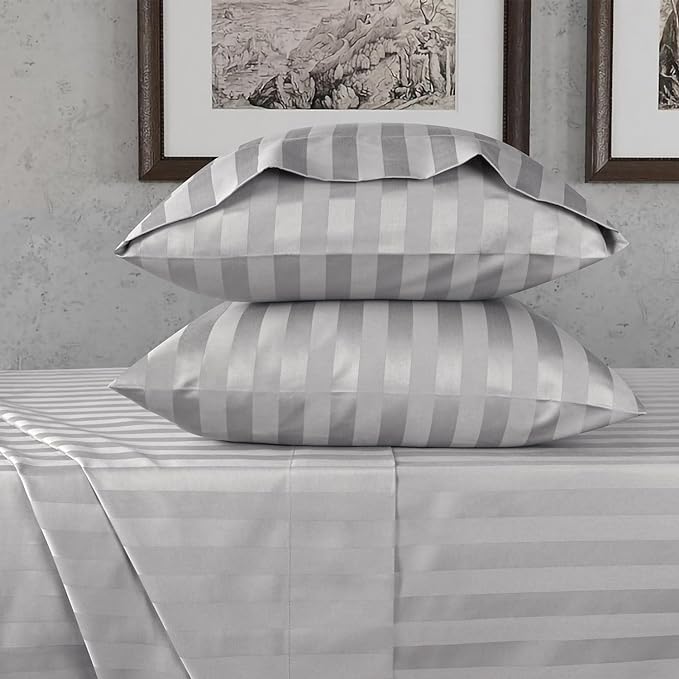 URBANHUT 800 Thread Count 100% Cotton Damask California King Size Sheets Set, 4 Piece Striped Cal King Size Bedsheets, Luxury Hotel Sheets Sateen Weave, 16" Elasticized Deep Pocket- Silver Grey