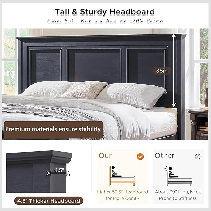 ACCOHOHO Farmhouse King Size Bed Frame with 52" Tall Headboard, Wood Platform Bedframe with Footboard and Storage Drawers, No Squeak, No Box Spring Needed, Black