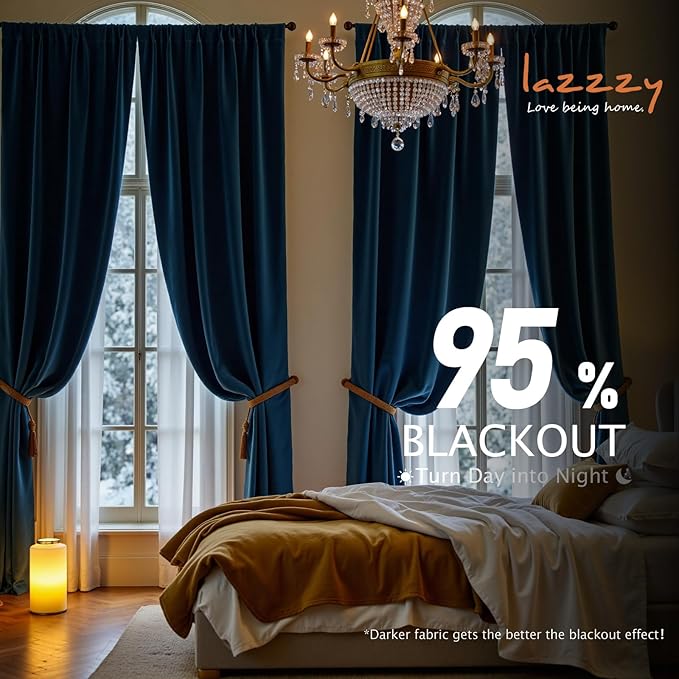 Lazzzy Velvet Blackout Curtains Thermal Insulated Room Window Drapes Super Soft Luxury Curtains for Living Room Bedroom Rod Pocket 2 Panels, Dark Blue, 52" W x 120" L