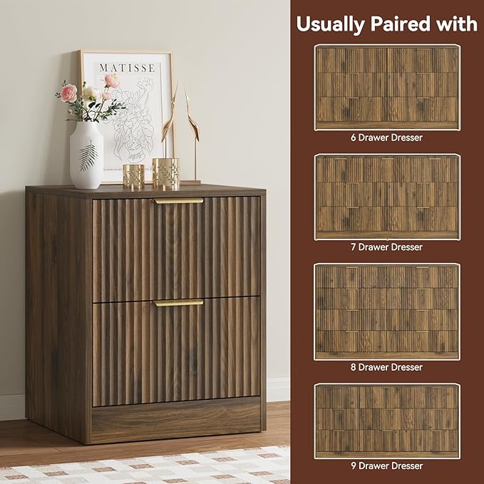 7 Drawer Dresser & Nightstand Set 3-Piece, 55” Wide Bedroom Dresser and Night Stand Set of 2 with Metal Handle, Fluted Modern Wood Chest of Drawers Storage Dressers Set for Bedroom, Walnut