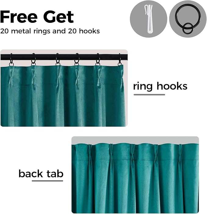 Pinch Pleated 100% Blackout Curtains for Bedroom, Teal Velvet Curtains for Living Room, Black Out Curtain 90 inch Long Room Darkening, Blackout Pinch Pleat Drapes with Hooks 2 Panels