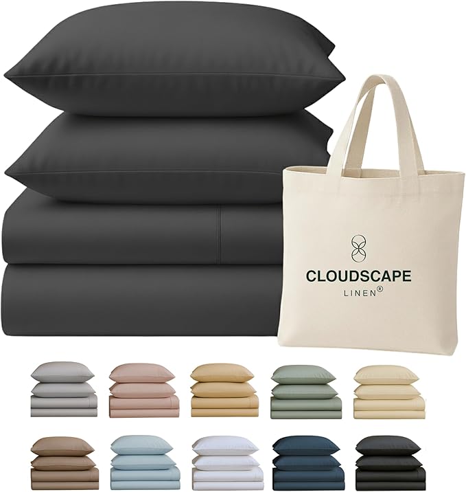 Cloud Scape Linen 100% Egyptian Cotton California King Sheet Set, 400 Thread Count,4 Pieces Luxury Bedding Set, Hotel Quality, Silky Soft, Breathable and Durable, Deep Pockets up to 17, Charcoal