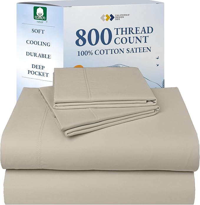 California Design Den Deep Pocket King Sheet Set - Luxury 800 Thread Count Sheets King, 100% Cotton Sateen Bedding Set - Beige