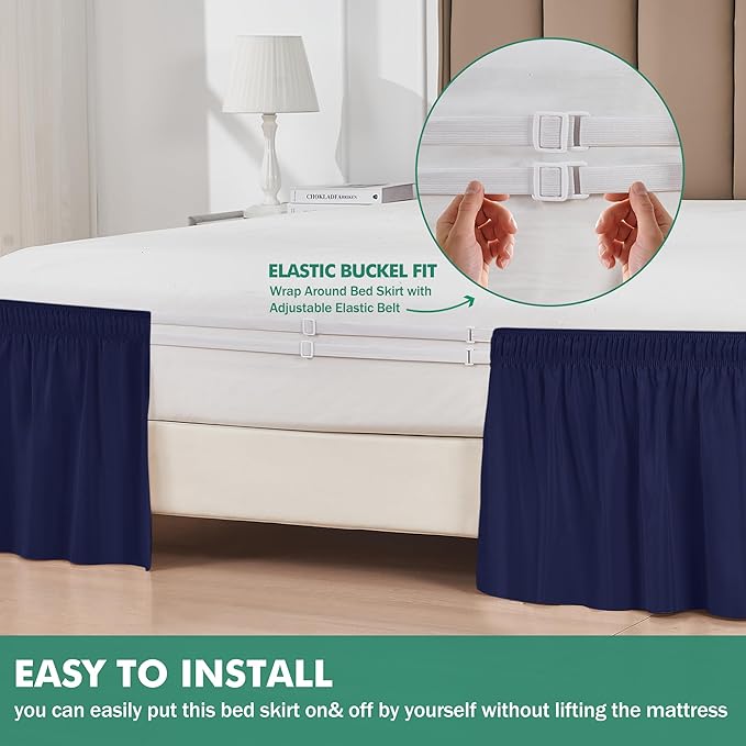 Biscaynebay Wrap Around Bed Skirts with Split Corners for Queen Beds 15" Drop, Navy Adjustable Elastic Dust Ruffles Easy Fit Wrinkle Resistant Silky Luxurious Fabric Machine Washable