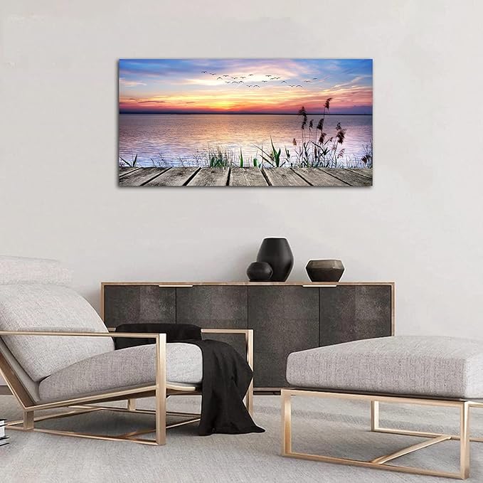 Canvas Wall Art Lake Dock Sunset Scenery Flying Birds Picture Large Beach Sunset Landscape Canvas Artwork Contemporary Nature Pictures for Living Room Bedroom Home Office Kitchen Wall Decor 24" x 48"