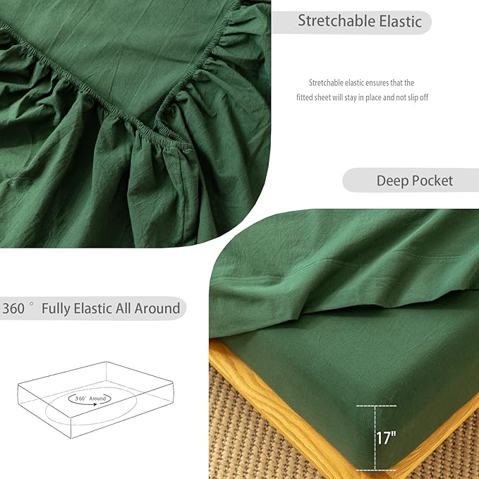 MooMee Fitted Bottom Sheet Only 100% Washed Cotton Linen Like Textured Breathable Durable Soft Comfy Deep Pocket Fits Mattress up to 17" (Forest Green, Queen)