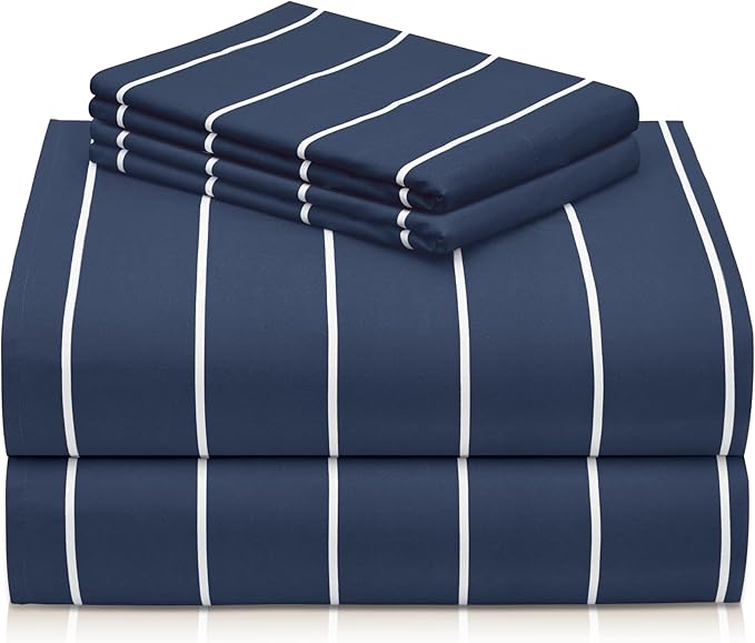 LuxClub 4 PC California King Sheet Set, Deep Pockets Wrinkle Free Cooling Bed Sheets Hotel Bedding for Women, Men, Includes 1 Fitted Sheet, 1 Flat Sheet and 2 Pillowcases-Striped - Navy