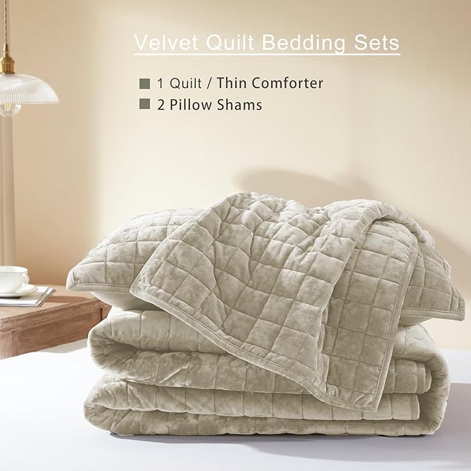 LEAONME Velvet Quilt King Size-98''x106'', Lightweight Beige Velvet Comforter Set with 2 Pillow Shams, Soft Bedspread Coverlet Quilted Bedding Set for All Season
