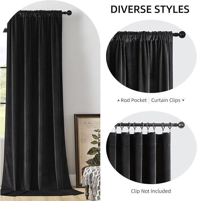Joydeco Black Velvet Curtains 84 inch Length 2 Panels, Luxury Blackout Rod Pocket Thermal Insulated Window Curtains, Super Soft Room Darkening Drapes for Living Dining Room Bedroom,W42 x L84 inches
