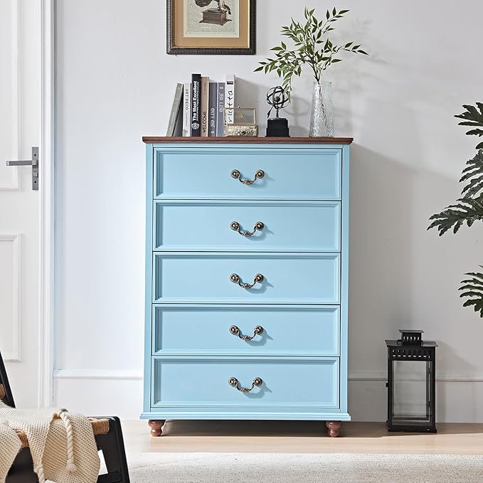 24" Wide Farmhouse Nightstand with Charging Station Set of 2, 45" Tall Rustic Chests of 5 Drawers w/ 4 Solid Wood Feet, Farmhouse Furniture Series for Living Room,Bedroom,LightBlue