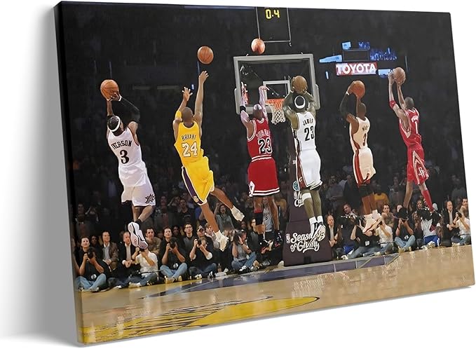 Basketball Legends Canvas Wall Art Print Poster, Iconic Sports Stars Shooting Inspirational Picture, Motivational Photography Wall Decor for Gym Dorm Home Office Living Room Bedroom, Framed 8x10inch