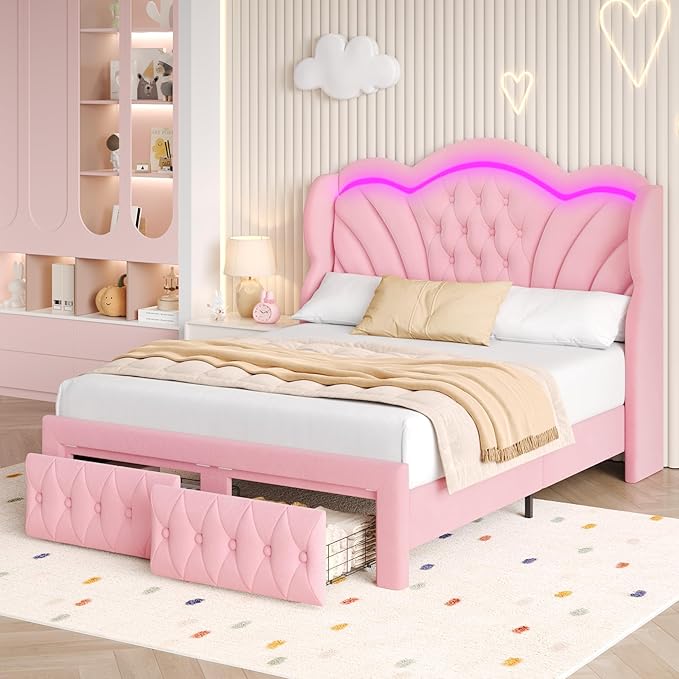 Keyluv Full Bed Frame with LED Lights and 2 Storage Drawers, Velvet Upholstered Platform with 47" Tall Arc-Shaped Wingback Headboard and Button Tufted Design, No Box Spring Needed, Noise-Free, Pink