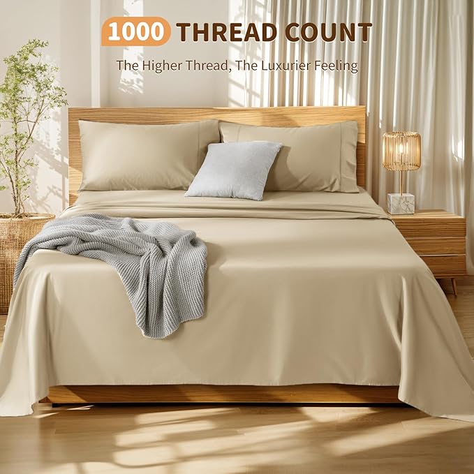 LBRO2M 100% Cotton Sheets Set Deep Pocket 19", 1000 Thread Count King Size 4 Piece Bed Sheet Sets Soft Comfortable Bedding All Season (King, Linen)