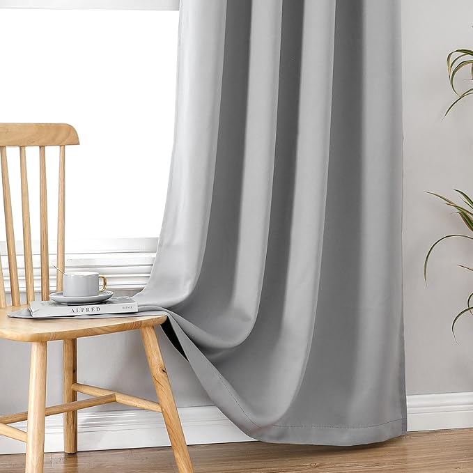 ChrisDowa 100% Blackout Curtains 80 inch Long for Bedroom with Black Liner, 2 Thick Layers Total Blackout Thermal Insulated Grommet Window Curtains 2 Panels Set (Light Grey, 52 x 80 Inch)