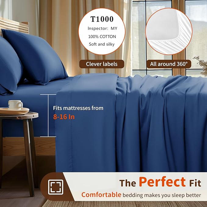 LBRO2M 1000 Thread Count 100% Egyptian Cotton Sheets Set Twin, 3 Piece Sets Bed Sheet Deep Pocket Sheet Set 16" Soft Comfortable All Season (Twin, Navy Blue)