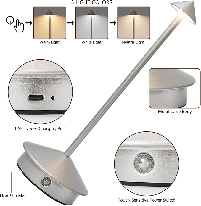 Cordless LED Table Lamp, Rechargeable 5200mAH Battery Operated Lamp for Decor, 3 Color Stepless Dimming Desk Lamps, for Restaurant, Bedroom, Outdoor Camping, Coffee Shop, Night Light
