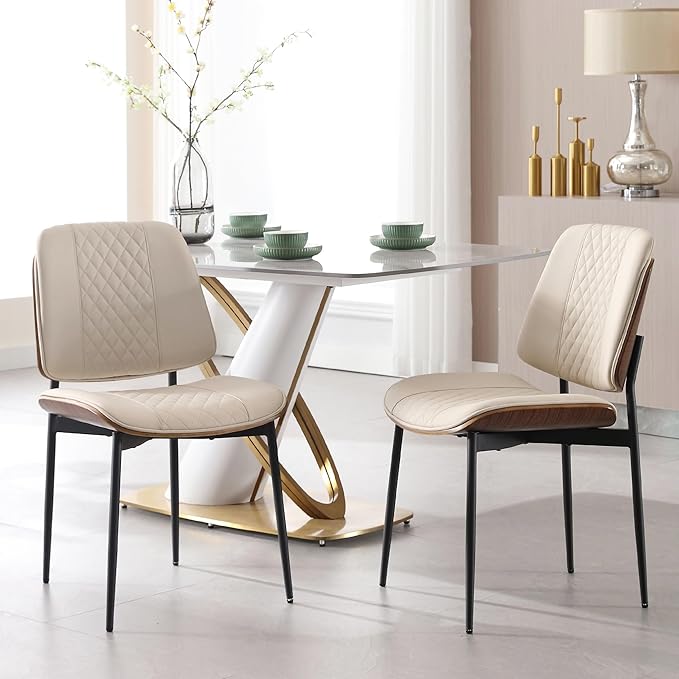BV Dining Chairs Set of 2, PU Leather Armless Kitchen Chair in Modern Walnut Style, Mid Century Bentwood Side Chair with Metal Legs, Retro Accent Guest Chair for Kitchen Dining Room(Beige)