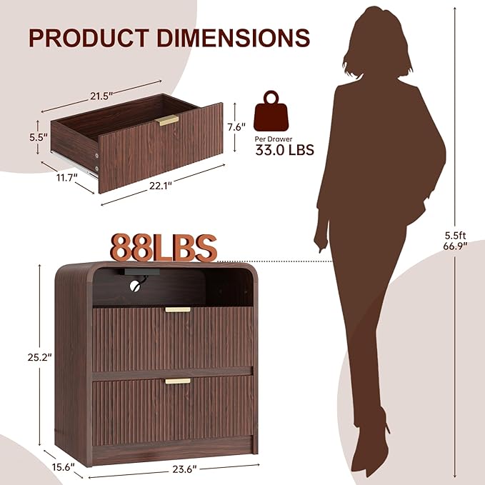 FURSUN 24" Fluted Nightstand with Charging Station, Wooden End Table with 2 Drawers Storage, Curved Profile Design, Modern Bedside Cabinet for Bedroom, Walnut