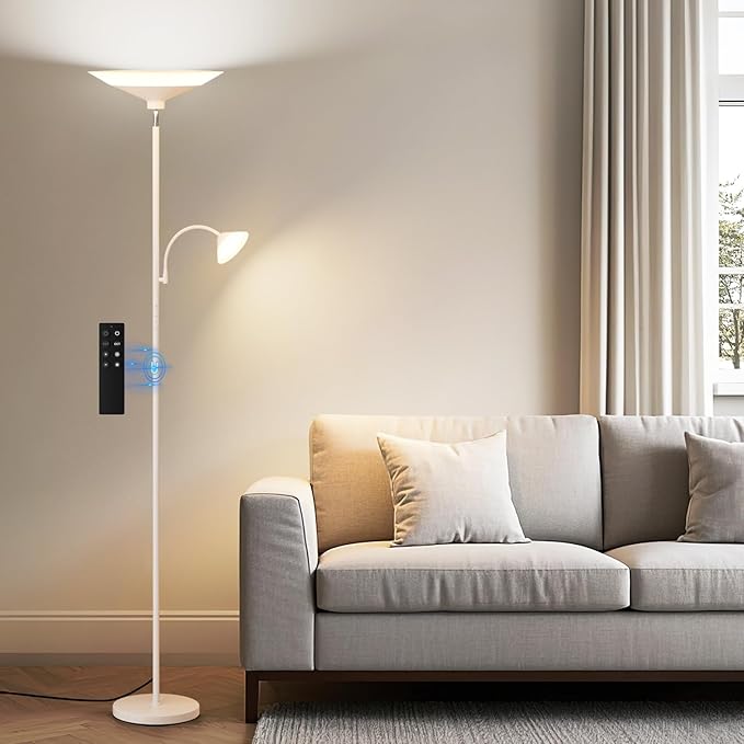 Upgraded 2-Light Torchiere Floor Lamp - 34W Color Changing Standing Lamp with Remote, Rotatable Floor Reading Light, Modern Standing Light with for Living Room Bedroom Office, White