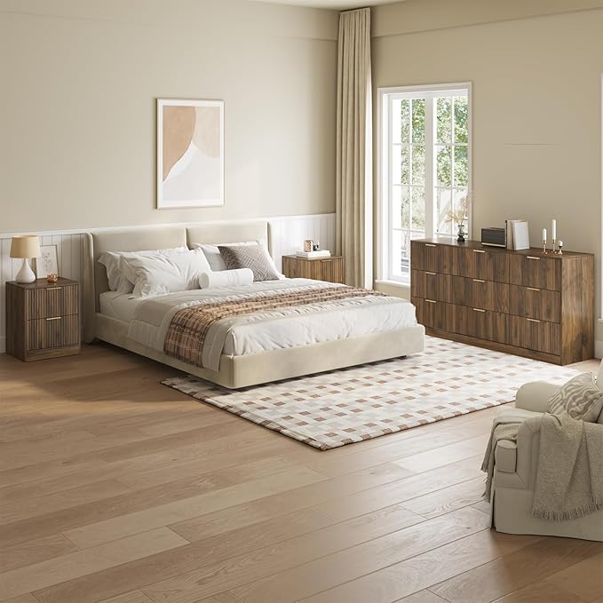 9 Drawer Dresser & Nightstand Set 3-Piece, 63” Wide Walnut Bedroom Dresser and Night Stand Set of 2, Fluted Modern Wood Chest of Drawers Storage Dressers Set for Bedroom, Walnut
