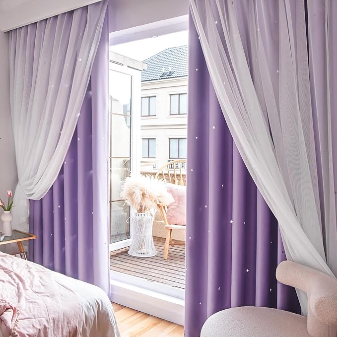 Star Double Layer Blackout Curtains for Bedroom, Kids - Cute, 72 Inch Long, 2 Panels Set, Purple, 42 x 72 Inches
