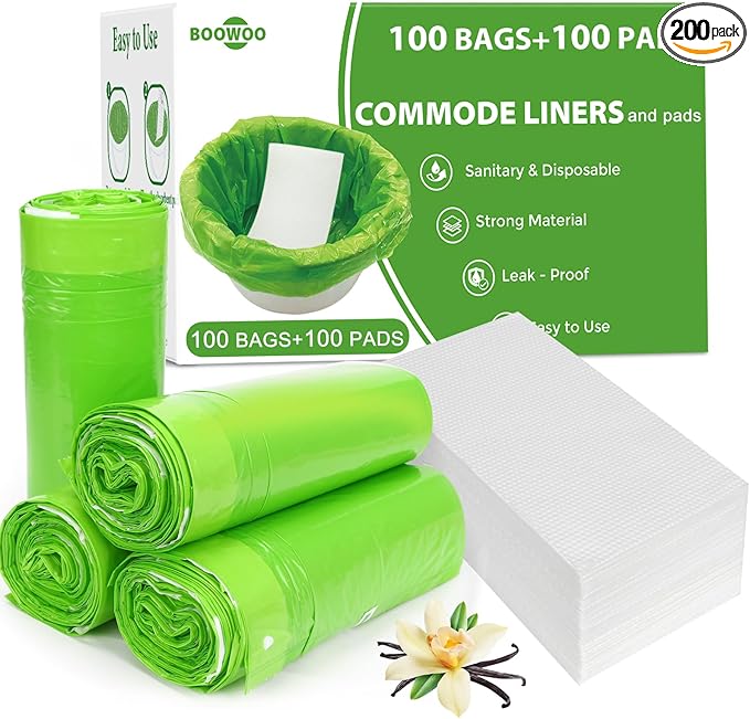 BOOWOO Bedside Commode Liners with Absorbent Pads,100 Disposable Commode Bags and 100 Pads, Scented Adult Potty Chair Liners, Portable Commode Poop Bags for Commode Chair, Bedpan, Bucket Toilet