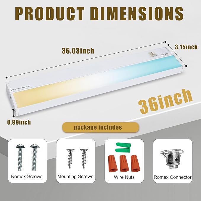 Ansen Hardwired Under Cabinet Lighting, 36in 22W LED Light for Kitchen/Closet, 1426lm, CRI>92, R9>90, Dimmable, 3 Color Temperature, 3000K/4000K/5000K(Warm White, Cool White, Daylight)