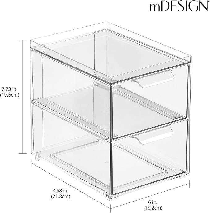 mDesign Stackable Storage Containers Box with 2 Pull-Out Drawers - Stacking Plastic Drawer Bins for Master or Guest Bathroom, Linen Closet, Vanity, or Makeup Table - Lumiere Collection - 8 Pack, Clear