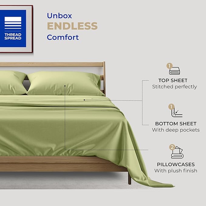 THREAD SPREAD California King Sheet Sets Cotton - 400 Thread Count 100% Cotton Cal King Sheets Set, 4 PC (Sage Green), Luxury Soft, Cooling, Breathable 16" Deep Pocket Sateen Weave Hotel Bedsheets
