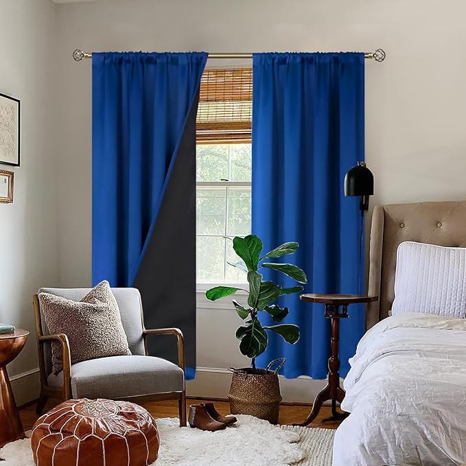 BGment Thermal Insulated 100% Blackout Curtains for Bedroom with Black Liner, Double Layer Full Room Darkening Noise Reducing Rod Pocket Curtain (42 x 72 Inch, Royal Blue, 2 Panels)