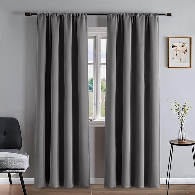 Blackout Curtains 90 Inches Long 2 Panels Set, Light Grey Curtains Thermal Insulated Room Darkening Drapes for Bedroom, Rod Pocket Light Blocking Drapes Living Room(52W × 90L, Light Grey)