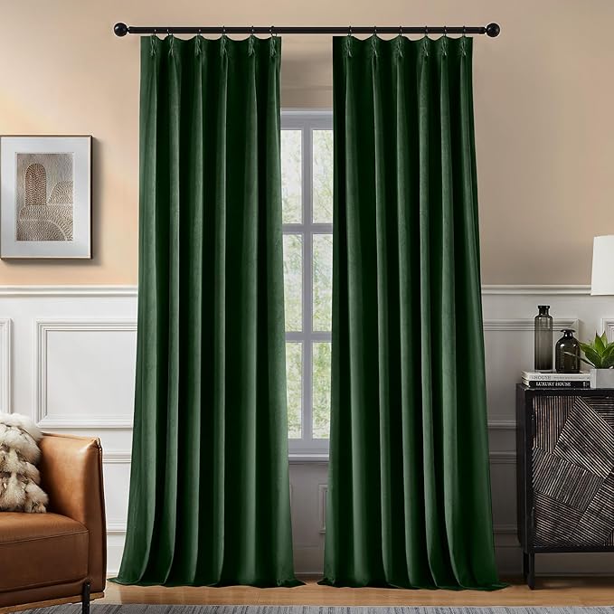 Pinch Pleated 100% Blackout Curtains for Bedroom, Olive Green Velvet Curtains for Living Room, Black Out Curtain 86 inch Long Room Darkening, Blackout Pinch Pleat Drapes with Hooks 2 Panels