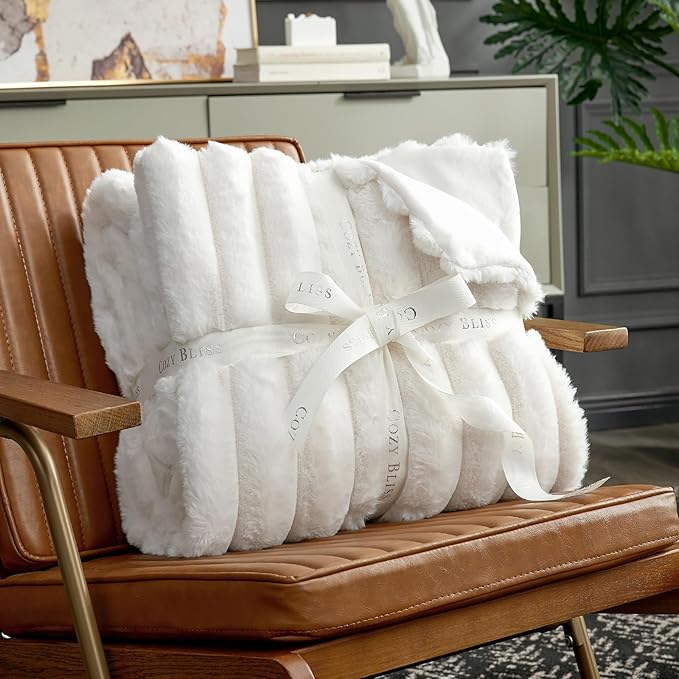 Cozy Bliss Faux Fur Throw Blanket for Couch, Cozy Warm Plush Striped Blanket for Sofa Bedroom Living Room, 50 * 60 Inches Cream White