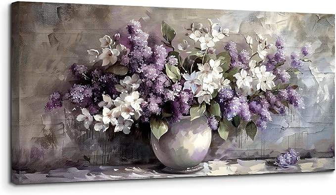SERIMINO Still Life Large Wall Art, Purple Floral Canvas Prints Paintings, Vintage Vase Flowers Pictures Wall Decor Living Room Bathroom Kitchen Farmhouse Decor Artwork 20"X40"
