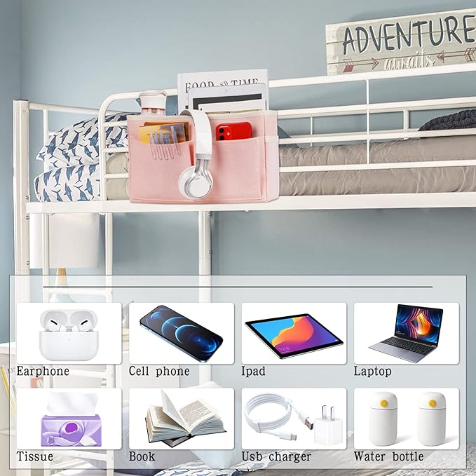 Retyion Bedside Caddy Bedside Storage Organizer Hanging Bunk Bed Dorm Room with Side Pockets for Water Bottles, Books, Cell Phones, Headphones (Pink)