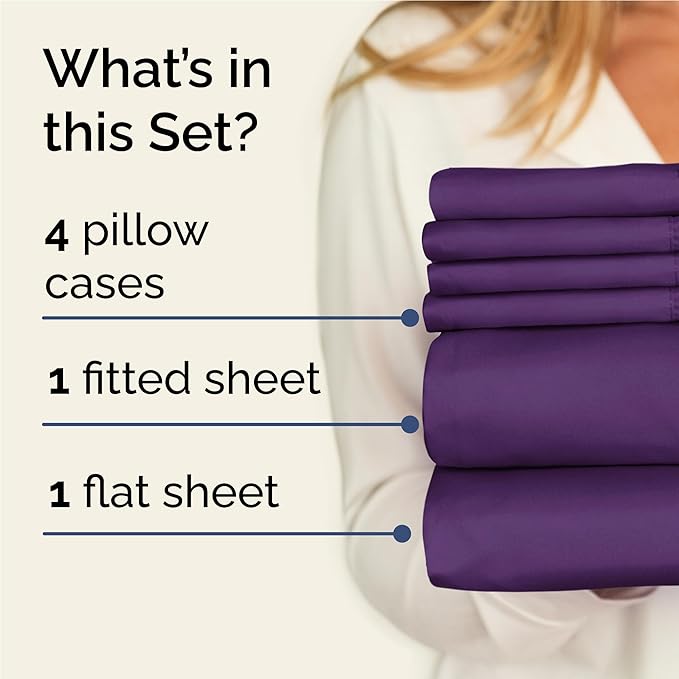 Full 6 Piece Sheet Set - Cooling, Comfy & Breathable - Hotel Luxury Bedding, Includes Fitted Sheet for Women, Men, Kids and Teens - 1 Flat, 1 Fitted Sheet, 4 Pillowcases with Deep Pockets - Purple