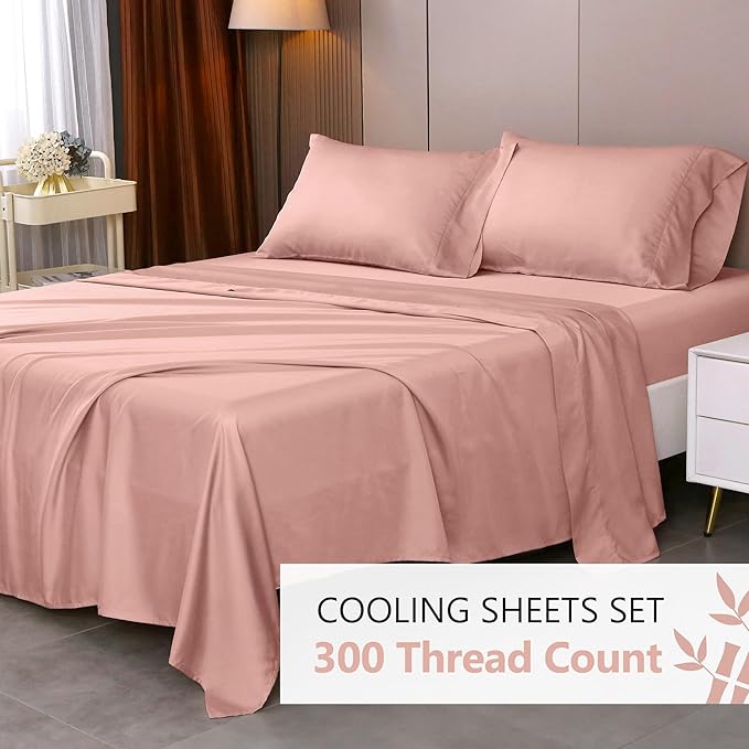 Queen Sheets, Rayon Derived from Bamboo, Cooling Bed Sheets Set,Deep Pocket Up to 16", 4 Pieces Silky Soft, Breathable Bedding Sheets & Pillowcases(Pink,Queen)