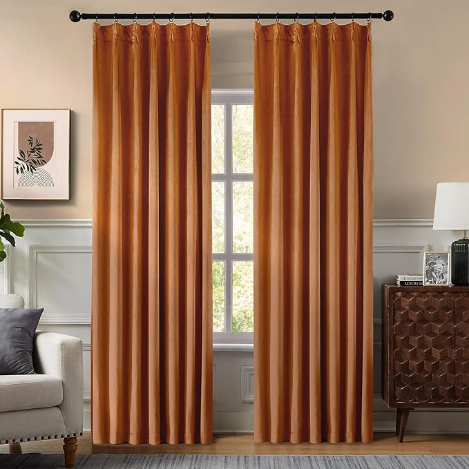 Pinch Pleated 100% Blackout Curtains for Bedroom, Yellow Velvet Curtains for Living Room, Black Out Curtain 96 inch Long Room Darkening, Blackout Pinch Pleat Drapes with Hooks 2 Panels