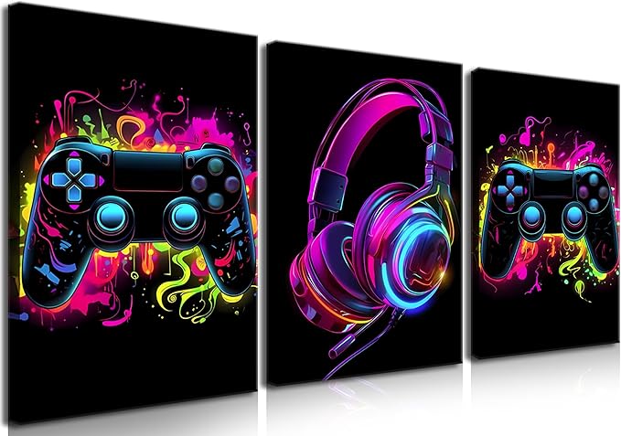 BGFCE Game Room Decor Set of 3, Neon Gaming Video Game Room Wall Art, Gaming Canvas Paintings Posters Prints for Teen Boys Room Children Teen Wall Decor Framed 16x24 in