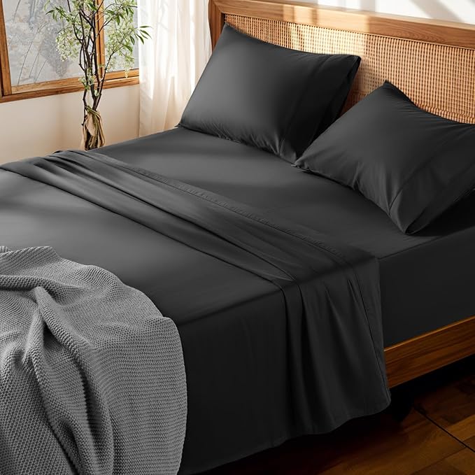 LBRO2M 100% Cotton Sheets Set Deep Pocket 19", 1000 Thread Count California King Size 4 Piece Bed Sheet Sets Soft Comfortable Bedding All Season (California King, Black)