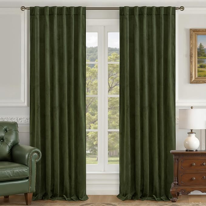 LAMIT Olive Green Velvet Curtains for Living Room 102 Inch Length, Room Darkeing Blackout Panels Luxury Thermal Insulated Back Tab and Rod Pocket Window Drapes for Bedroom, 2 Panels, 52 x 102 Inch