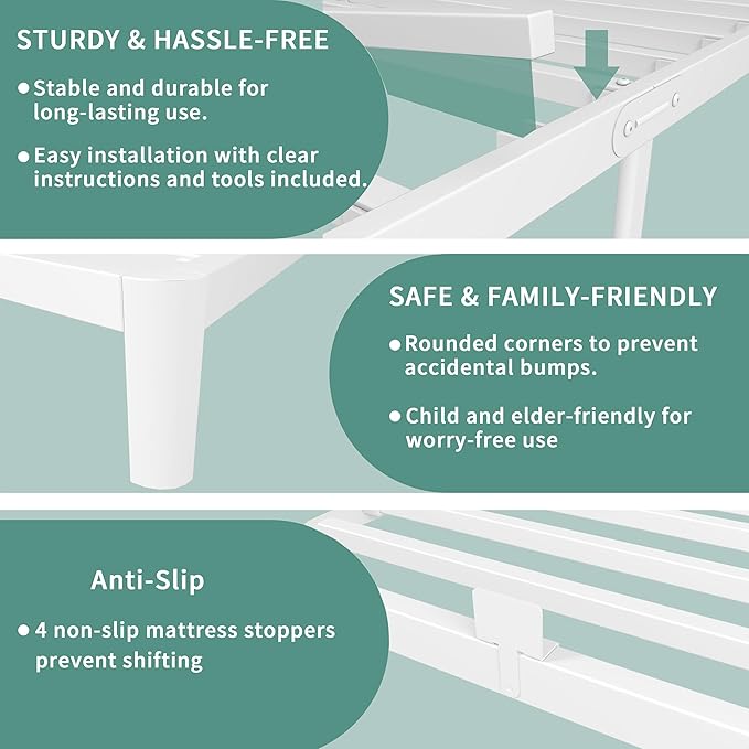 ITIMIDI 4 Inch White Twin Bed Frames, Metal Platform Bed Frame with Metal Gaskets, Heavy Duty Steel Support 3000 LBS, No Box Spring Needed, Anti-Slip Mattress Stopper, Easy Assembly