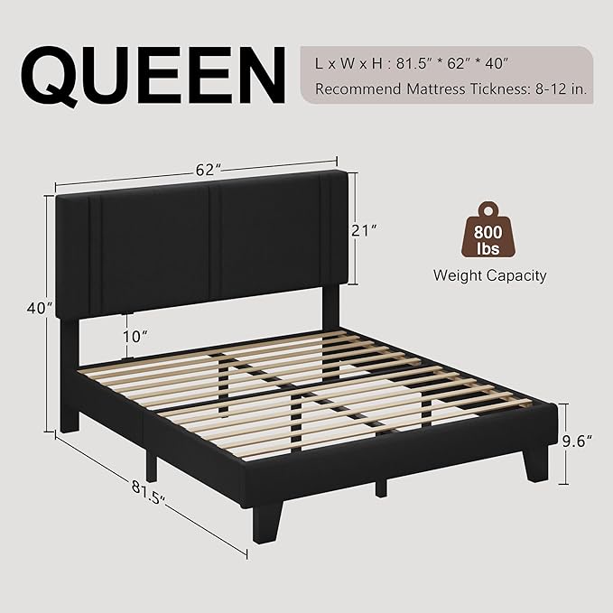 Upholstered Queen Size Bed Frame with Linen Fabric Headboard, Strong Wooden Slats Support, Noise Free, No Box Spring Needed, Black