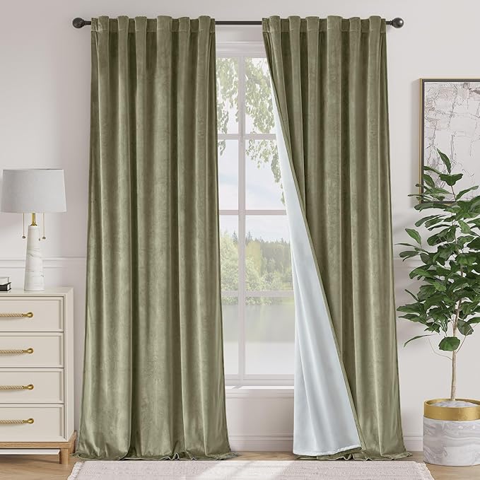 Lazzzy Green Blackout Velvet Curtains 96 Inches Long Thermal Insulated Room Darkening Lined Curtain Drapes Luxury Back Tab Window Treatments for Bedroom Living Room 2 Panels, 52 x 96 Inch, Olive Sage