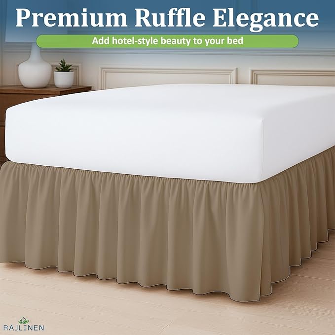 Rajlinen Ruffled Bed Skirt Twin, 12 Inch Drop Dust Ruffle with Split Corners, 100% Microfiber Bedskirt with Platform, Three-Sided Coverage Ruffled Gathering Design, Taupe