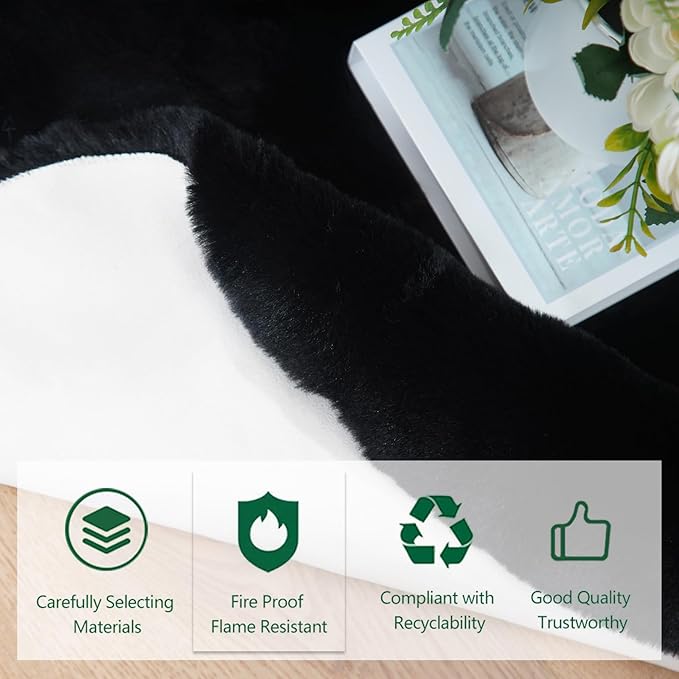 Latepis Fluffy Round Area Rugs 4ft Black Shag Rug Circle Faux Fur Rabbit Rug for Living Room Bedroom Furry Carpet for Nursery Kids Rugs Cute Room Decor