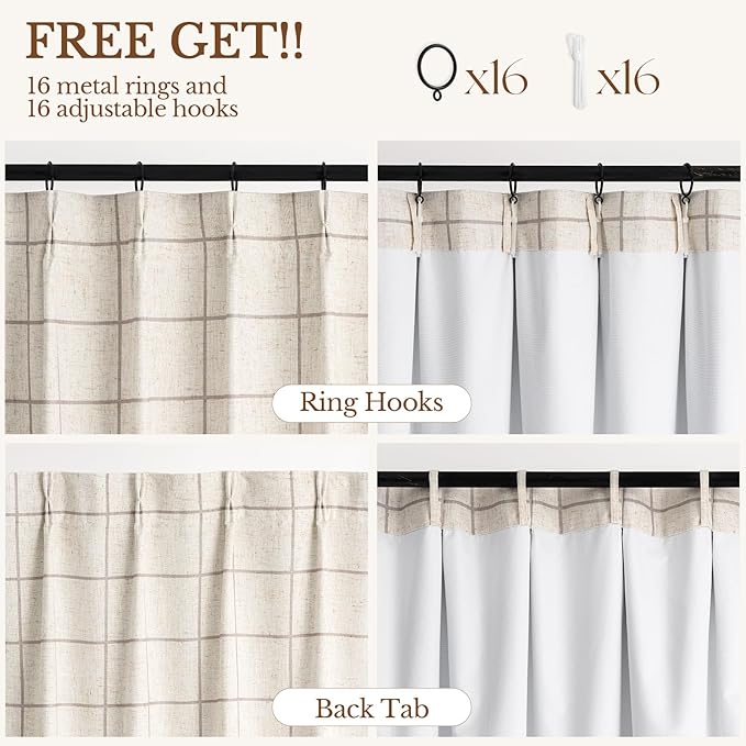 Pinch Pleated Plaid Curtains Blackout Linen Gingham Curtains for Living Room,Bedroom Checkered 84 Inches Long Double Layer 2 Panels Set Luxury and Modern Printed Design Darkening