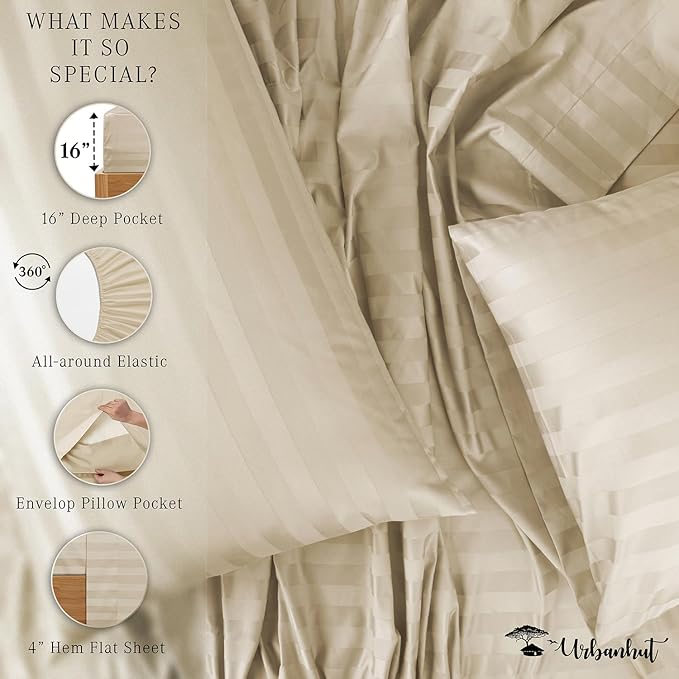URBANHUT 800 Thread Count 100% Cotton Damask Twin Size Sheets, 4 Piece Striped Twin Size Bedsheets, Luxury Hotel Sheets Sateen Weave - Better Than Egyptian, 14" Elasticized Deep Pocket- Ivory