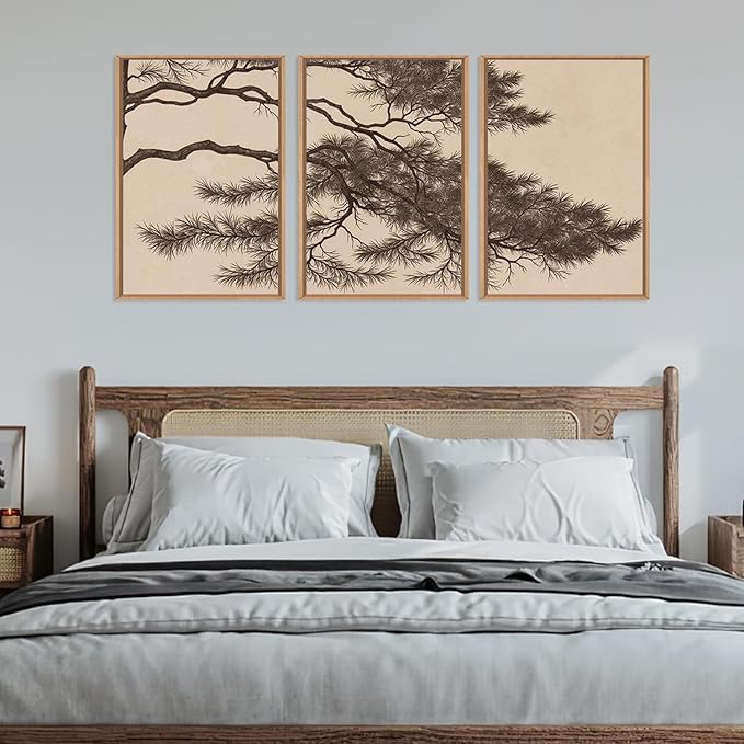 LHIUEM Large Vintage Pine Tree Branch Framed Canvas Wall Art,Sketch Botanical Wall Decor,Nature Plant Artwork,Brown Antique Etching Art Prints for Living Room,Bedroom,Office- 16"x24"x3