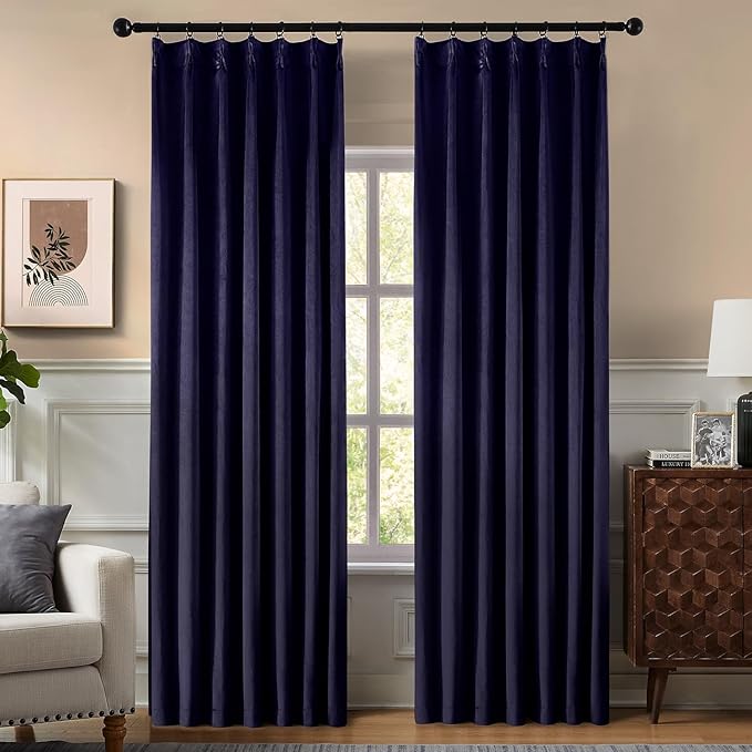Pinch Pleated 100% Blackout Curtains for Bedroom, Navy Blue Velvet Curtains for Living Room, Black Out Curtain 102 inch Long Room Darkening, Blackout Pinch Pleat Drapes with Hooks 2 Panels